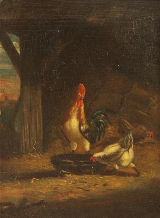 19th century Dutch School Chickens in a barn, 8.5 x 6.5in.